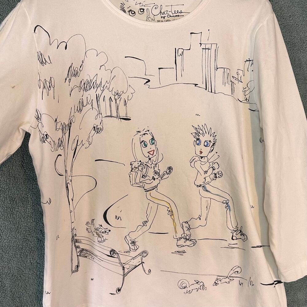 Chico's Chat Tees Graphic Art Top Size 2( SZ XL) Bicycle Park Scene Shirt - Picture 3 of 8